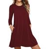Pure Color Fall Spring Long Sleeve Mini Dress Round Neck A-line Loose Big Hem Pockets