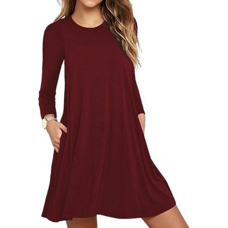 Pure Color Fall Spring Long Sleeve Mini Dress Round Neck A-line Loose Big Hem Pockets