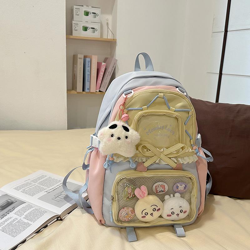 Women's Color Block College-Style Backpack with Ballet Ruffle Lace Design