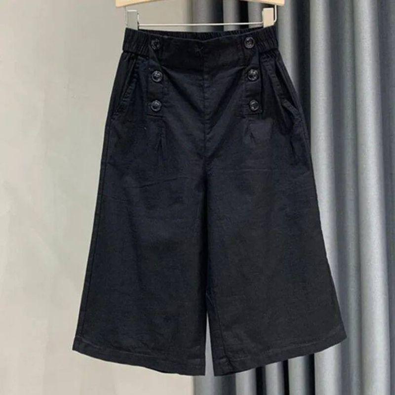 

2025 New Pure Cotton High Waist Wide Leg Shorts Women Summer Thin Loose Plus size Middle-Aged Mom Casual Cropped Pants Black M