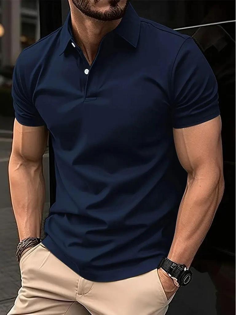 Men's Solid Color Button Short-Sleeve Polo Shirt