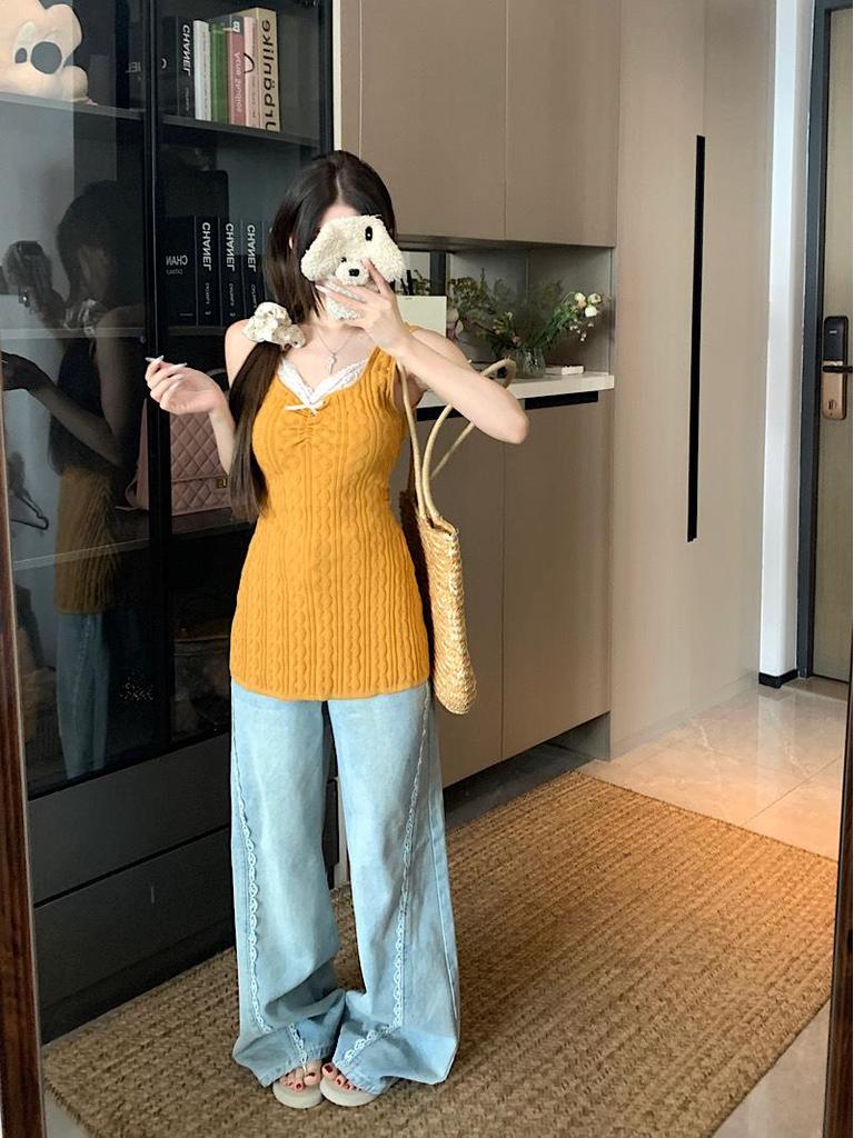 Korean Style Lace Knit Slim-Fit Vest Blouse for Women - Summer Casual Solid Color Pullover
