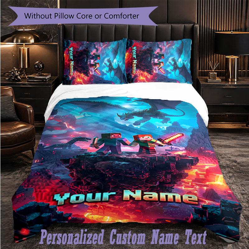 Personalized 3Pcs Bedding SetMinecraft Custom Text Duvet Cover Pillowcase Set Bedroom Gift