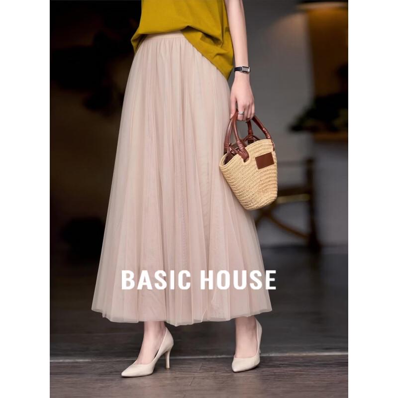 Basic House Women s High-Waist Mesh A-Line Midi Skirt One Size