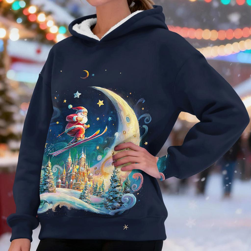 Women's Fashionable Casual Long-Sleeved Christmas Print Fleece-Lined Thick Hooded Sweatshirt