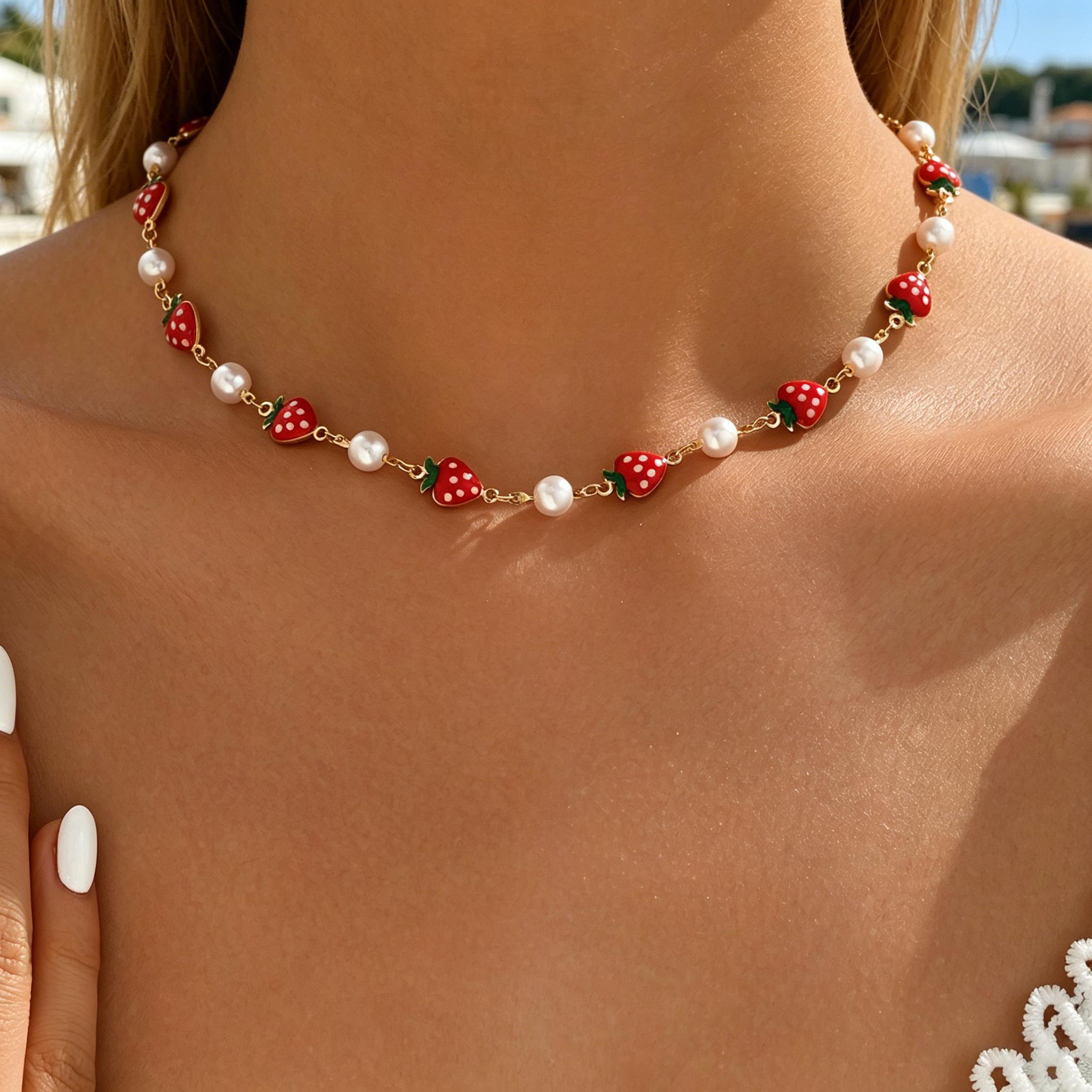 2Pcs Layered Strawberry Pearl Necklace Set for Women Cute Sweet Dainty Adjustable Summer Vacation Beach Jewelry Gift N-1159