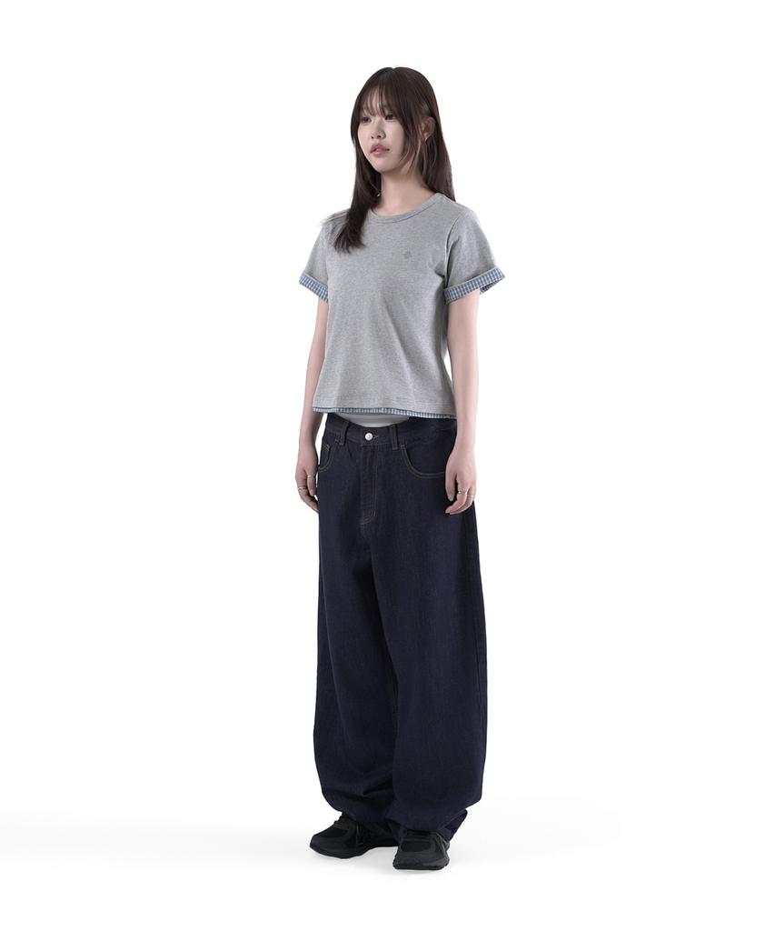 SLOW RECORD HOUSE Layered Check Roll-Up T-Shirt_Gray
