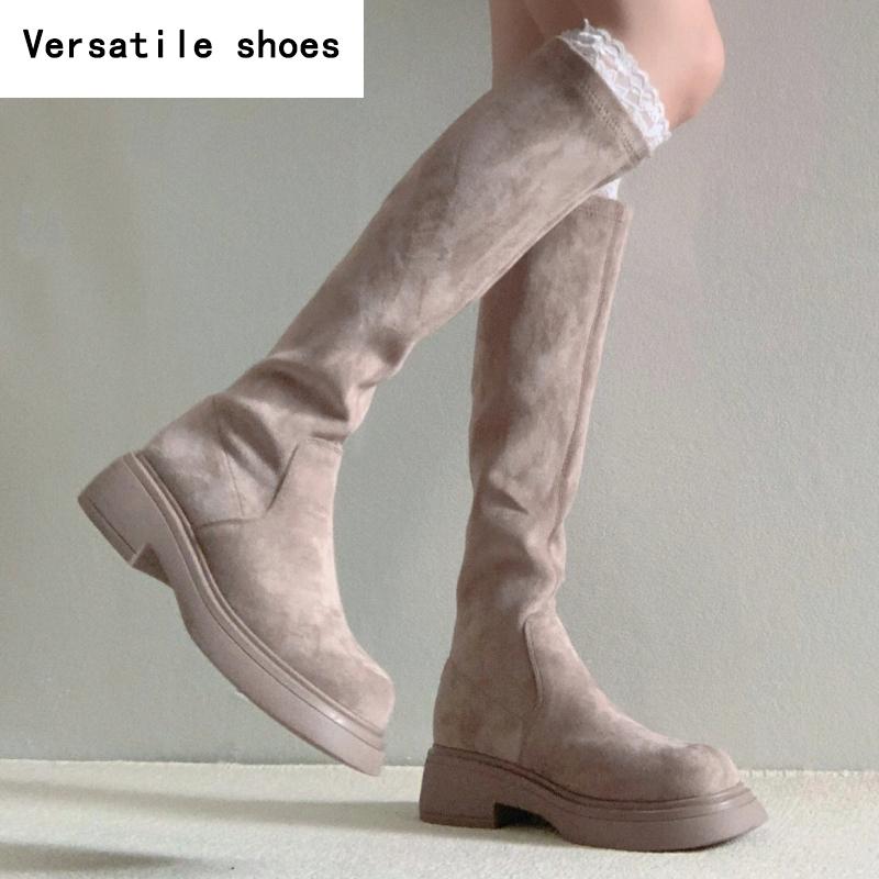 Herbst Winter Damen Stretch Kniehohe Stiefel Mode Slip On Vintage Eckige Absätze Damen Prägnante Lange Damenstiefel