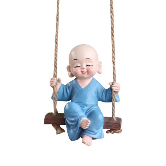 

Monk on Swing Ornament Resin Little Novice Monk Figurine with Hanging Rope Swing Buddhist Monk Decoration for Zen Garden Meditation Room A