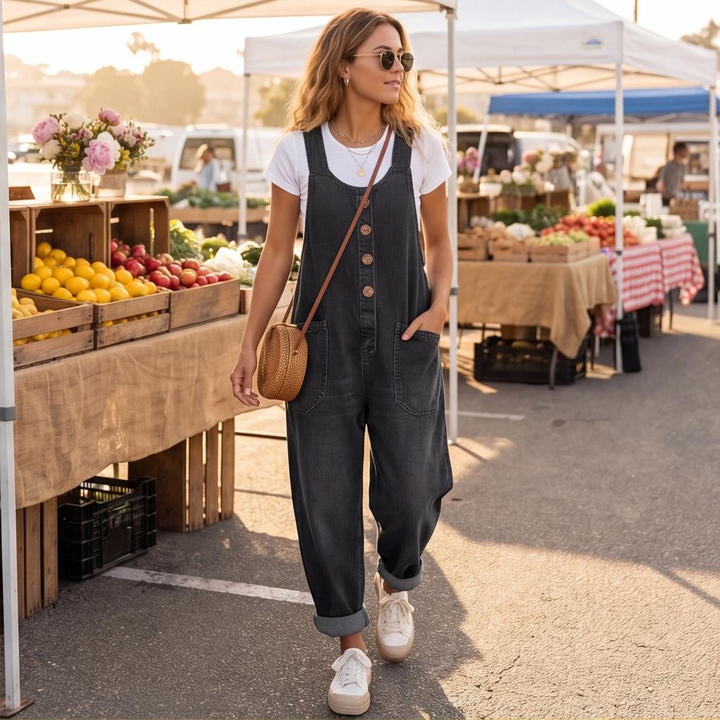 Women's Casual Retro Multi-Pocket Denim Jumpsuit