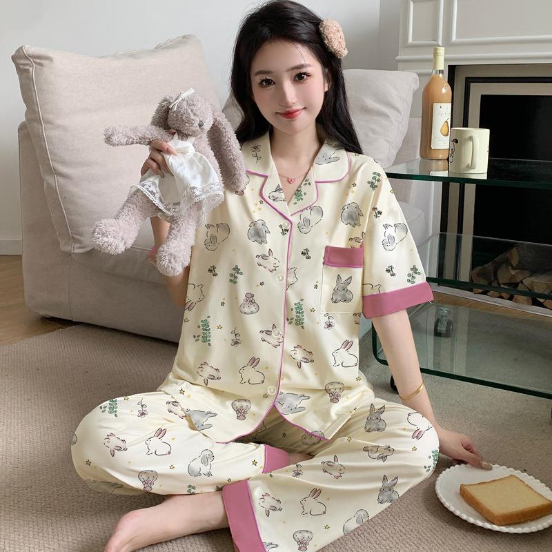 Tulpe Pyjama Damen Sommer neu Imitation Baumwolle kurzärmelige Hose mittel Mutter dünn große Größe Loungewear