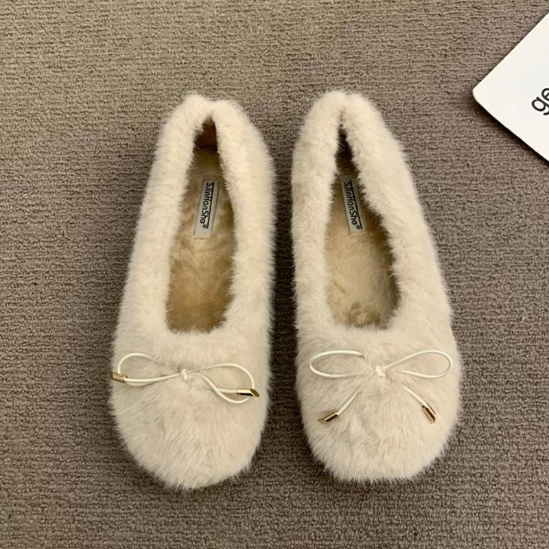 Fashion Fur Women Cotton Shoes Bow Warm Flats Cozy Shoes Winter Fashion Shallow Snow Boots 2025 New Short Plush Dress Botas De Mujer