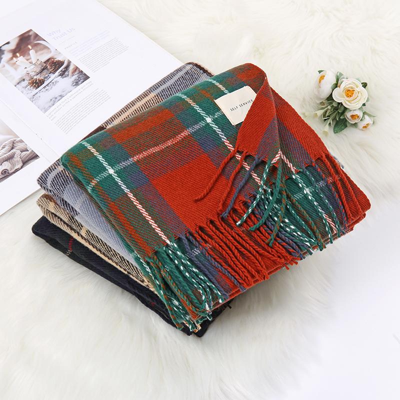 Female's Winter Warm Long Scarf Classic Plaid Tessles Pashmina Shawl Thick and Soft Muffler for Muslim Women Pareos Outdoor
