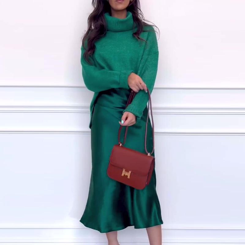 

2024 Осень Женский Однотонный Свитер с Полувысоким Воротником и Длинное Платье Комплект L