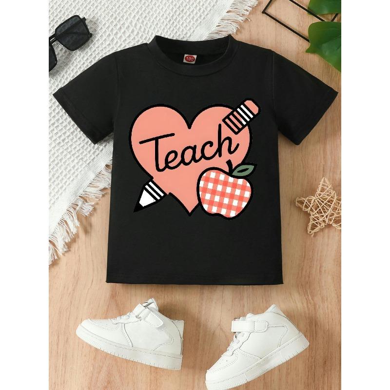 European sizes Cute Heart and Plaid Apple Print Summer T-shirt for Girls | Casual Crew Neck, Regular Fit, Perfect for Outings