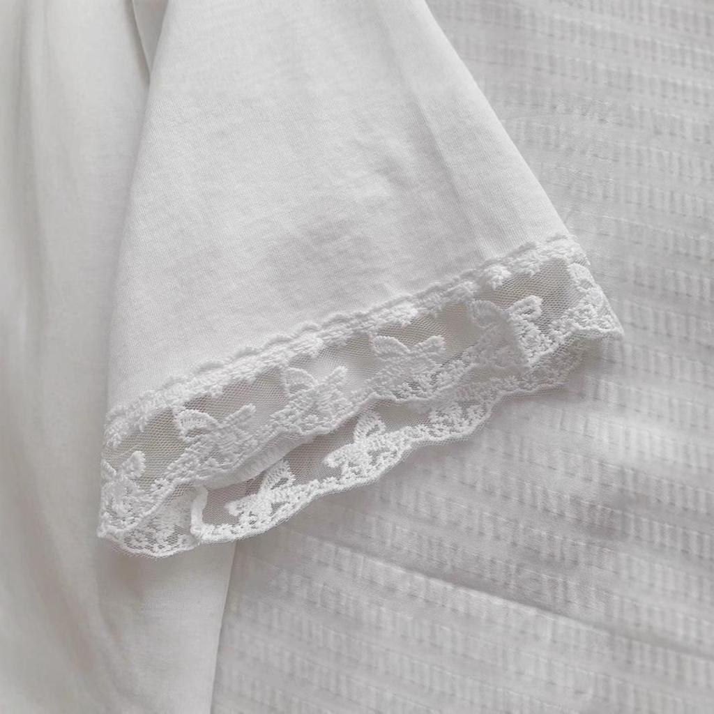 Mid-Length Cotton T-Shirt with Lace Trim – Casual, Loose Fit, Round Neck, Short Sleeve