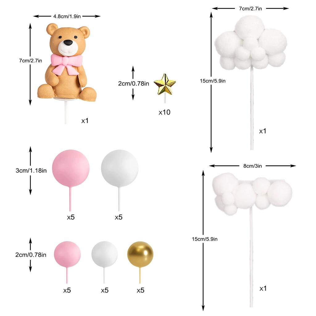 Teddy Bear Cake Topper Decorations Set, Bear Balls Cake Decoration for Boys and Girls Gender Reveal party Baby Shower Supplies