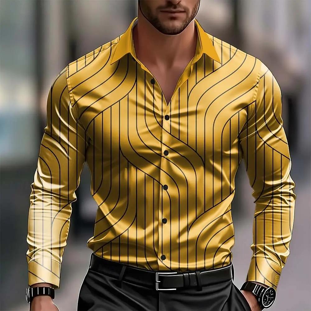 Men's Geometric Pattern Wave Abstract Art Shirt Business Casual Vacation Long Sleeve Collar Button-Up Shirts