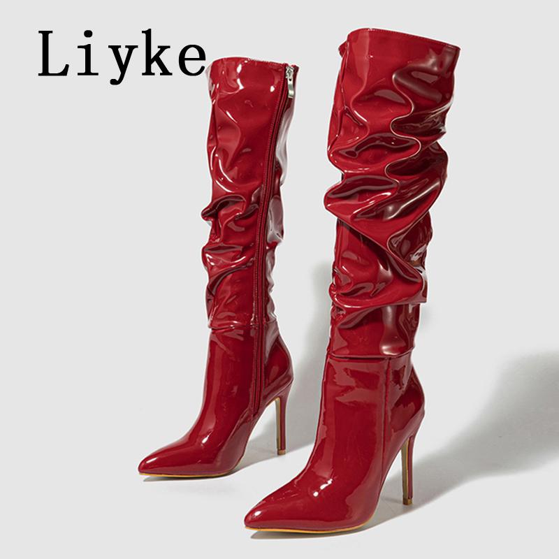 

Мода Liyke Модный дизайн Плиссированные лакированные ботфорты до колена Женские Красные Острый носок Молния Шпилька Вечерняя обувь Ботильоны Женские 40 красный