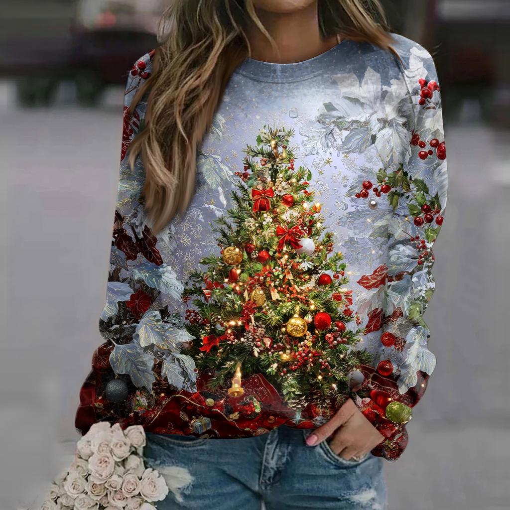 Women's Fashion Casual Long Sleeve Christmas Printed Neck Sweatshirt Top