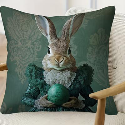 1Pc Easter Vintage Lady Rabbit Print Throw Pillow Cover,Suitable For Sofa,Bedroom,Living Room,A Retro Gift For Easter Lovers