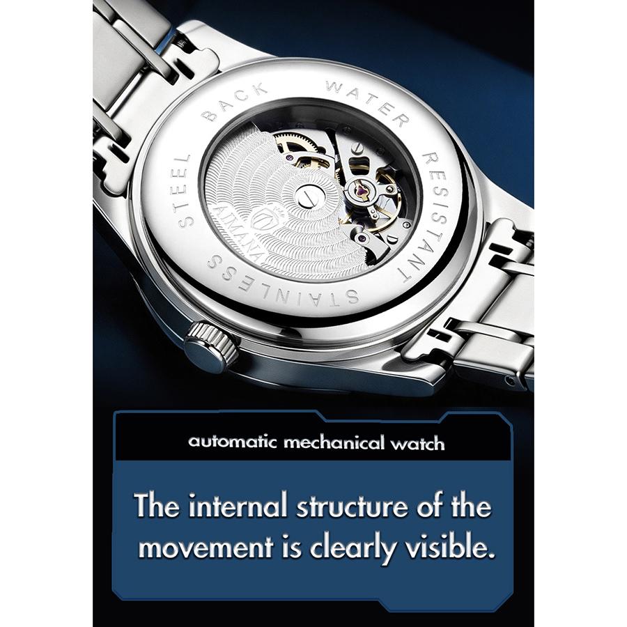 Men Business Automatic Mechanical Wrist Watch Hollow Skeleton Dial Steel Band Watch Luminous Hands Waterproof