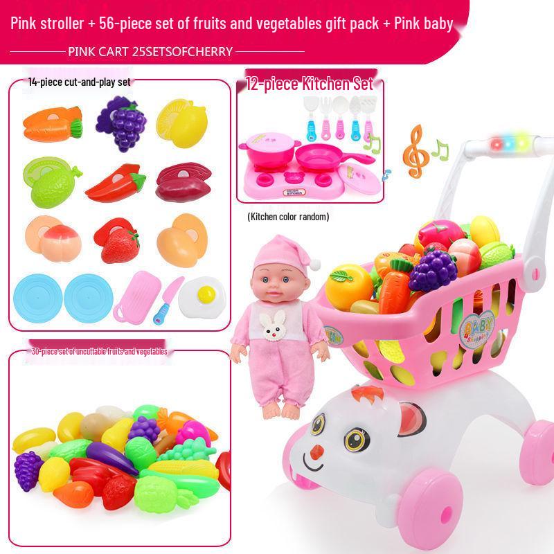 Large Kids' Grocery Cart with Fruit & Vegetable Play Set for Playhouse