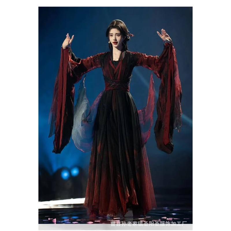 Classical Dance Costume Falling Fairy Lotus Flower Chinese Black and Red Pendulum Skirt Elegant Performance Costume Hanfu