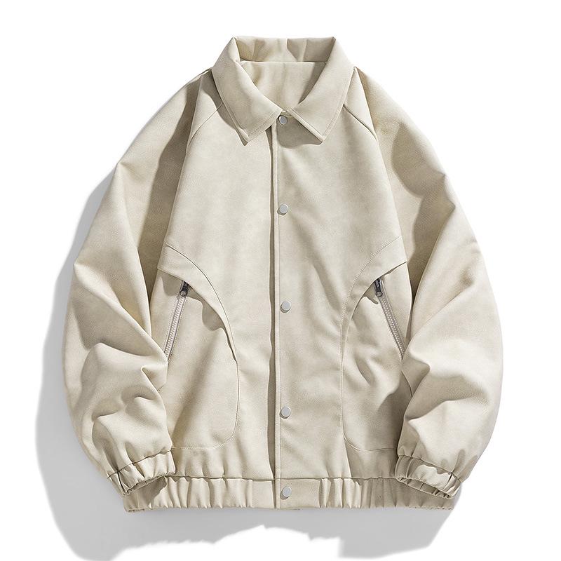 Men's Plus Size PU Leather Jacket - Hong Kong Style Autumn/Winter, Lapel, Pure Color, Casual Couple Outerwear for Chubby Individuals