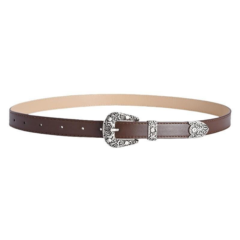Elegant Pu Leather Belt With Alloy Floral Buckle For Women In Classic Vintage Colors