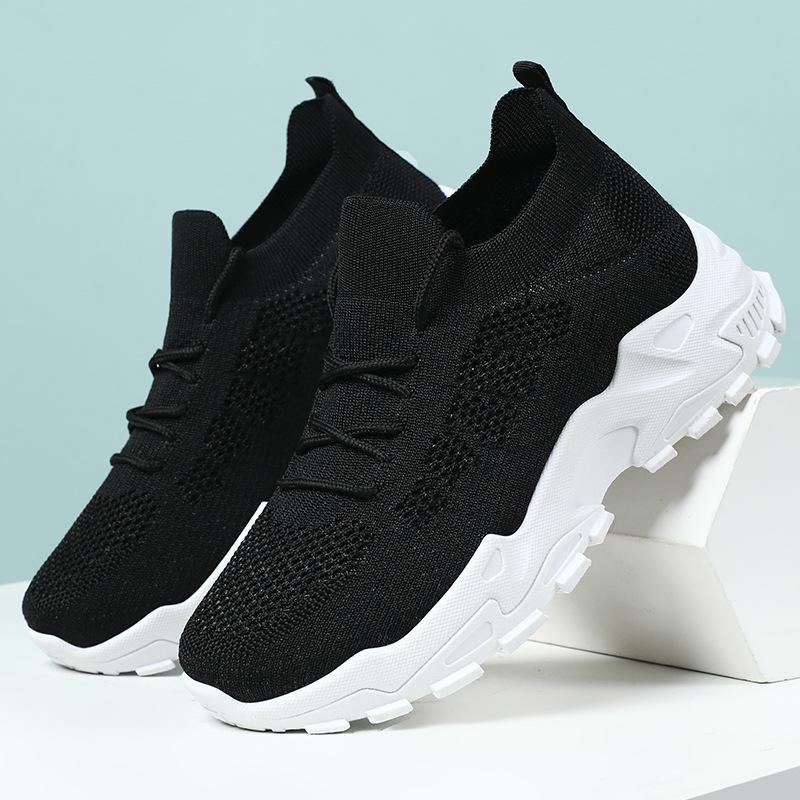 Women's Shoes New Sports Shoes Color Matching Platform Shoes Fly-woven Breathable Single Shoes Lace-up Light Running Shoes Soft-soled Mesh Shoes
