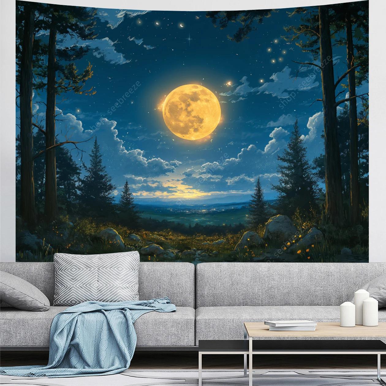 

Enchanted Moonlit Forest Tapestry Night Sky Art for Living Room Decor Modern Style Enhance Your Space with Mystical Vibes 74x94cm(29x37in)