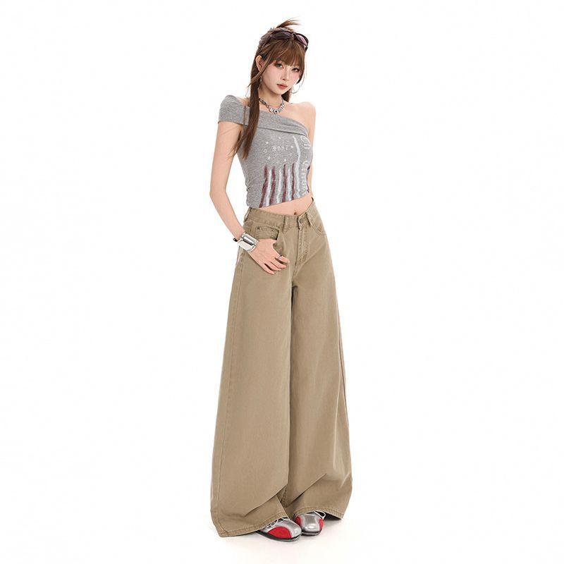 Spring Summer Khaki High Waist Relaxed Straight Wide Leg Floor Sweeping Slim Casual Denim Pants Ladies Casual Pants Oversize Denim Trousers