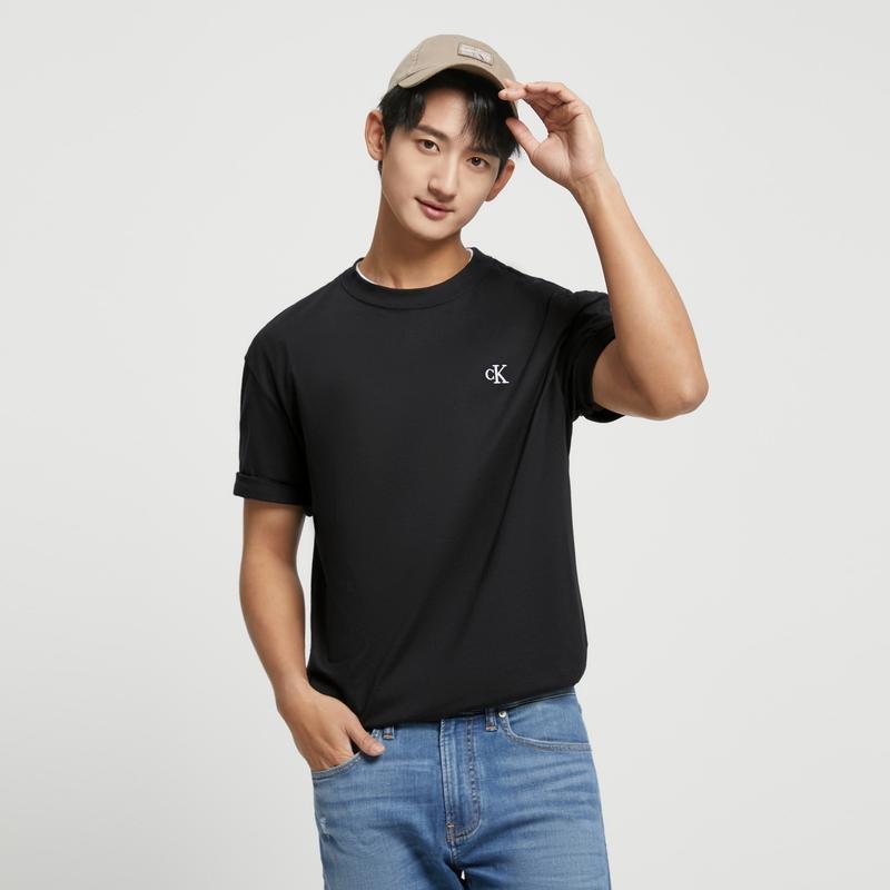 Calvin Klein Logo Embroidered Loose Round Neck Short Sleeve T-Shirt Unisex Tops Black 40HM229-BAE