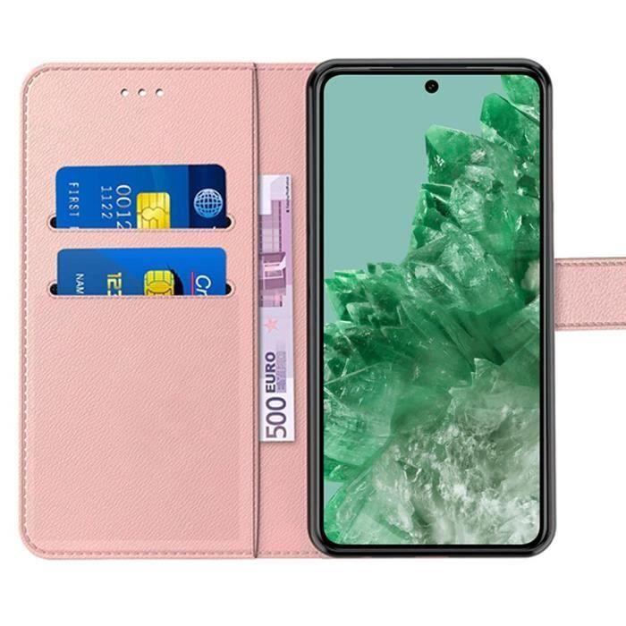 Coque intégrale pour google pixel 8 pro, flip case en cuir pu rose antichoc anti-rayures