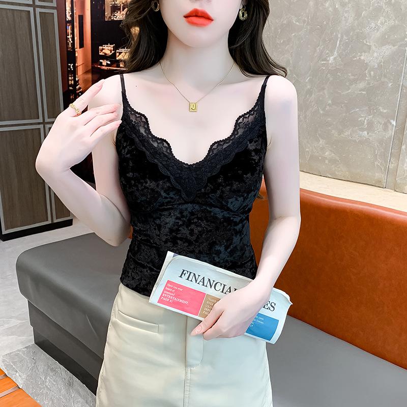 

Бархатная кружевная майка с V-образным вырезом: Элегантная верхняя одежда для осени/зимы или шикарная многослойная одежда под костюмами. S чёрный