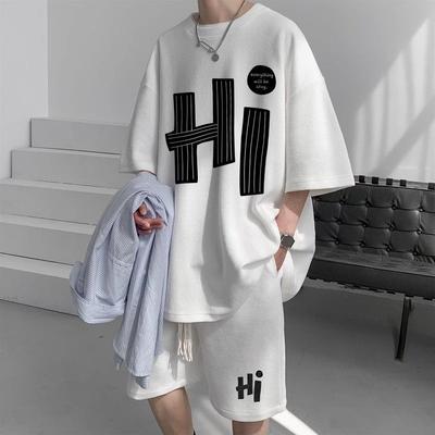 Casual Men's Summer T-Shirt Shorts Two-Piece Set Loose Fit Hong Kong Style Printed Plus Size Sportswear