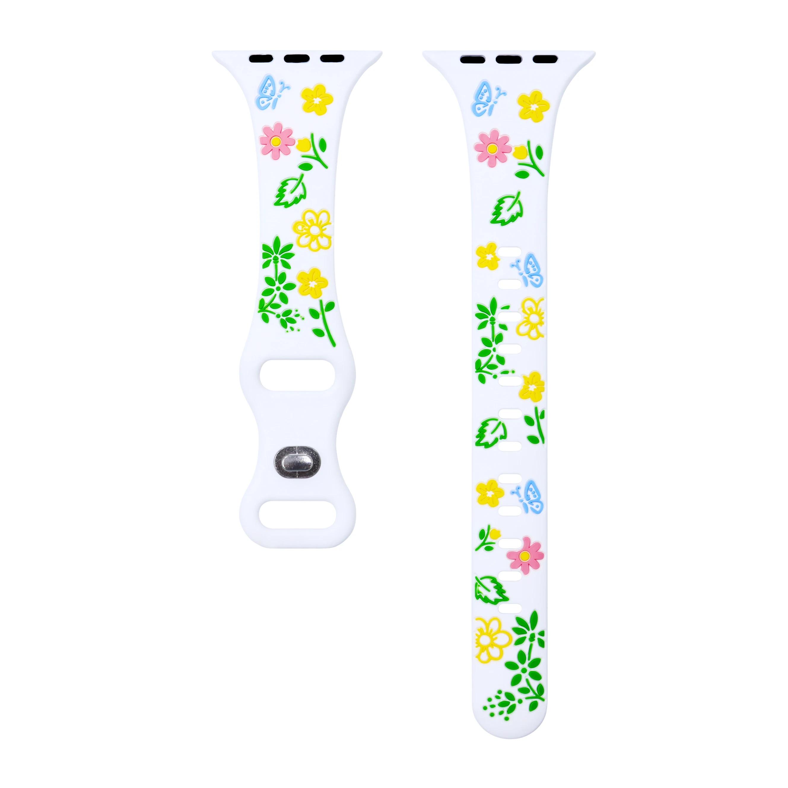 

Силиконовый ремешок с гравировкой и цветочным узором для Apple Watch Ultra 49 мм 46 мм 45 мм 40 мм 41 мм, тонкий ремешок-браслет IWatch Series 10 9 8 7 6 5 4 SE Ultra1/2 49mm белый