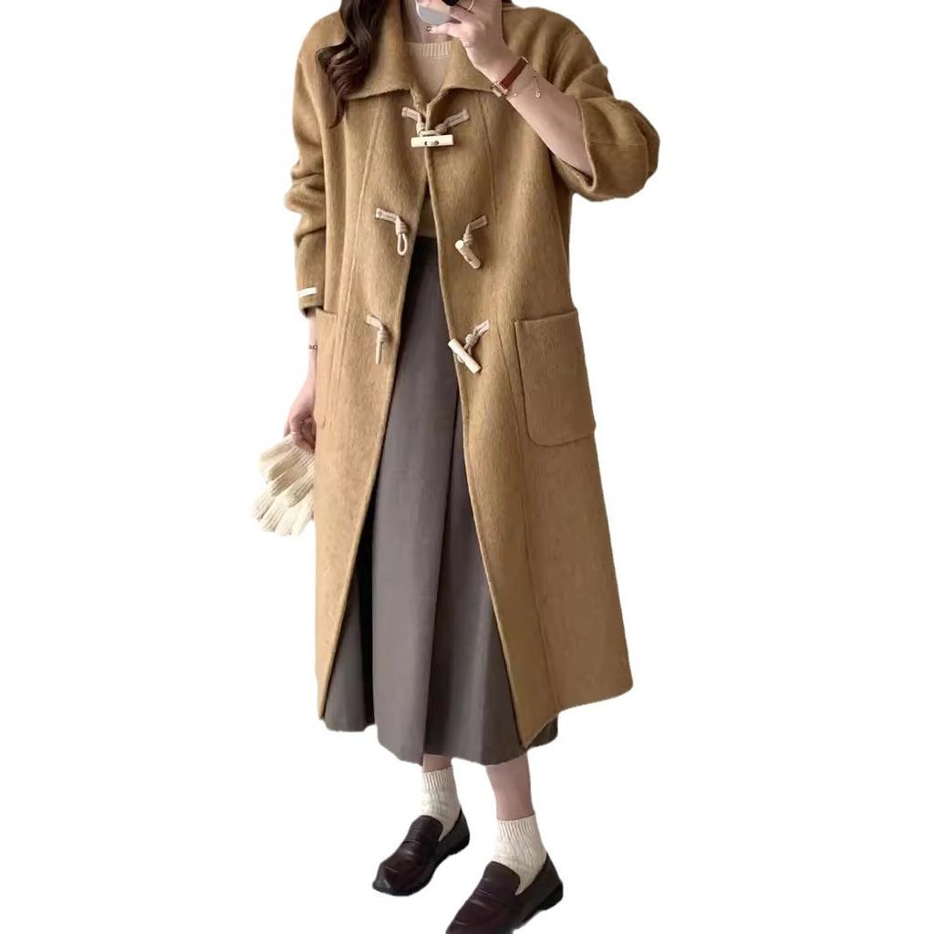 New double-sided wool coat, long big pocket horn wood buckle doll collar, thickened long wool cashmere coat.