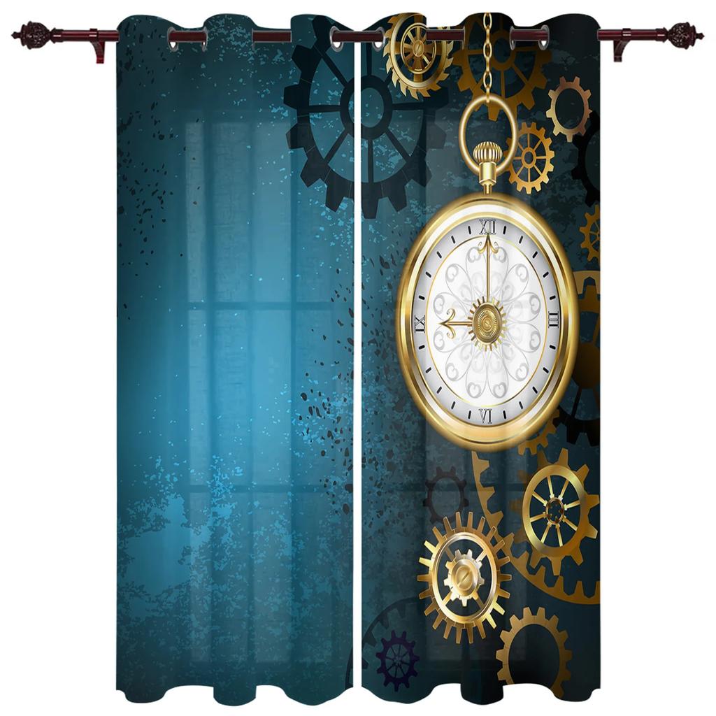 Retro Mechanical Gear Clock Blue Hall Curtains Living Room Kitchen Boy Girl Bedroom Long Window Curtain Cortinas Home Decor Polyester Ideal For
