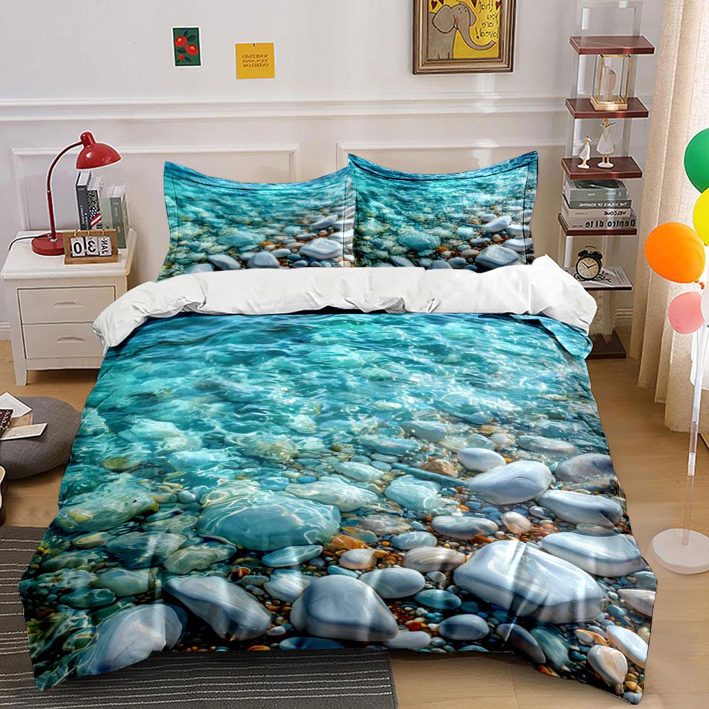 "Ocean-Themed Decorative Set Stones" Multiple Sizes Kid's and Adults' Bedroom Exquisite 3PC Bedding Set Gift