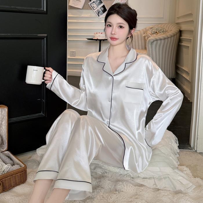 

Мода весна осень Ice Silk Soft Женская пижама комплект пуговиц кардиган женский комплект из 2 предметов элегантная однотонная пижама для девочек XXL