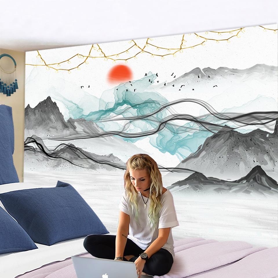 Japansk Kinesisk Sol Landskapsmålning Tapestry Kina Tusch Berg Träd Trädgård Pensel Vägghängning Röd Sol Tapestry Heminredning