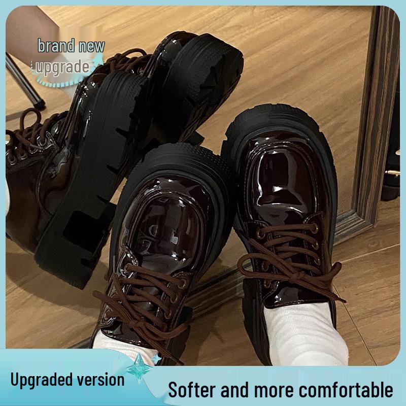 Women's 2024 Black Patent Leather Round Toe Lace-Up Shoes - British Style, Thick Sole, Mid-Heel for Autumn