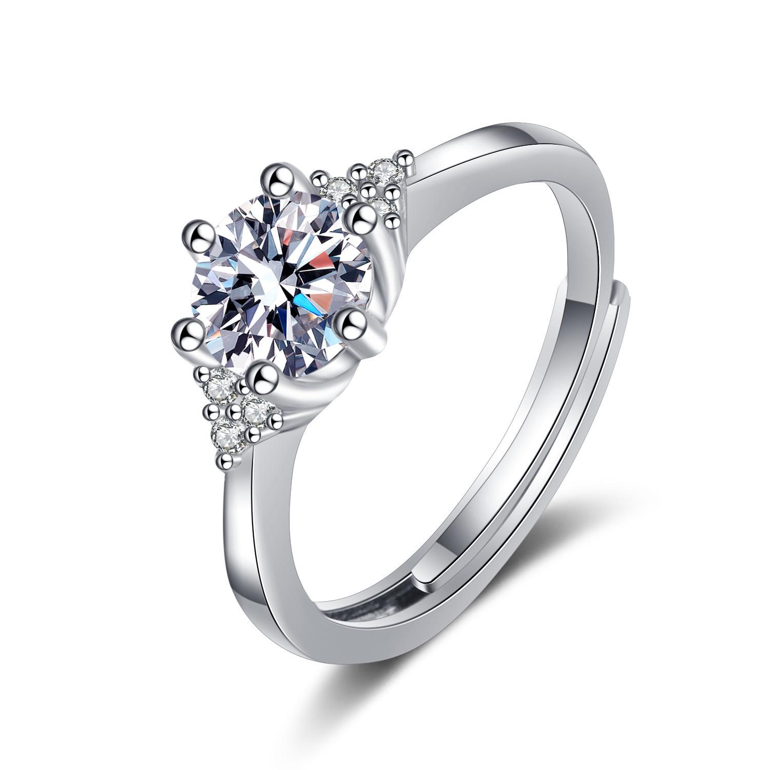 Women s Elegant Six-Prong Zircon Ring: High-End Shiny Diamond Design for Index Finger Adjustable Opening