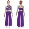 Kids Girls Dance Costume Two-Piece Set Mock Neck Long-Sleeved Sequins Cutout Back Press Button Crop Top with Flowing Chiffon Overlay Wide-Leg Side Sli