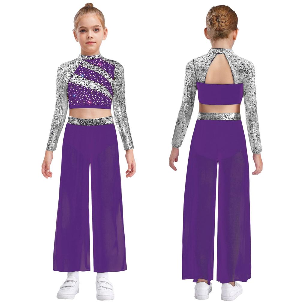 Kids Girls Dance Costume Two-Piece Set Mock Neck Long-Sleeved Sequins Cutout Back Press Button Crop Top with Flowing Chiffon Overlay Wide-Leg Side Sli