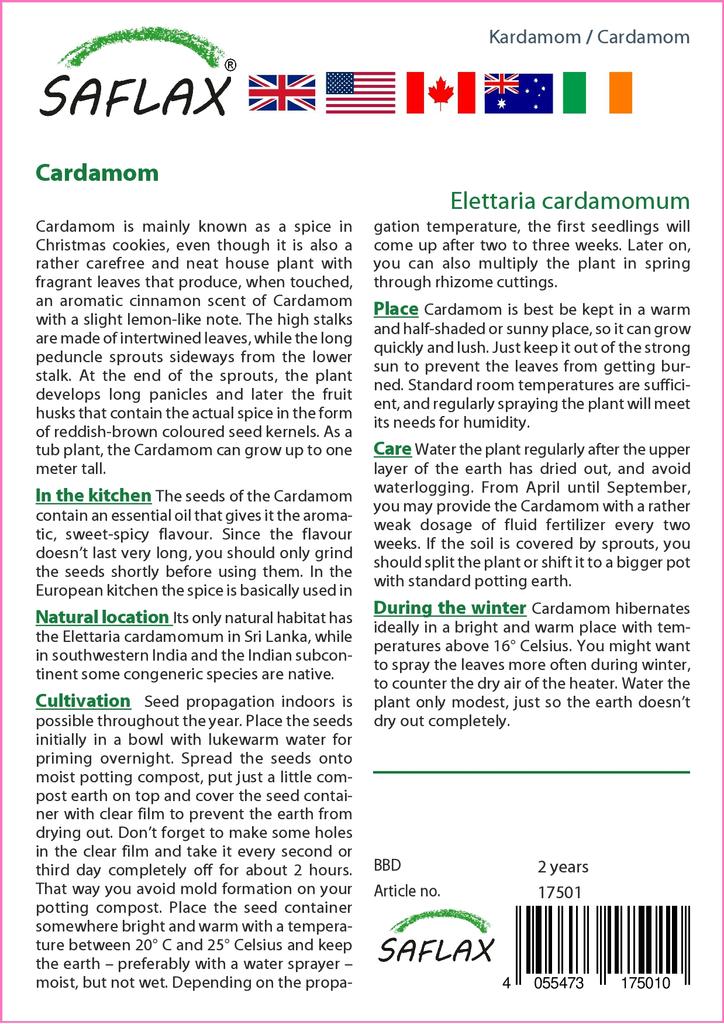 SAFLAX Garden In the Bag - Cardamom - 20 Seeds - With Substrate In a Fitting Stand Up Bag - Elettaria Cardamomum
