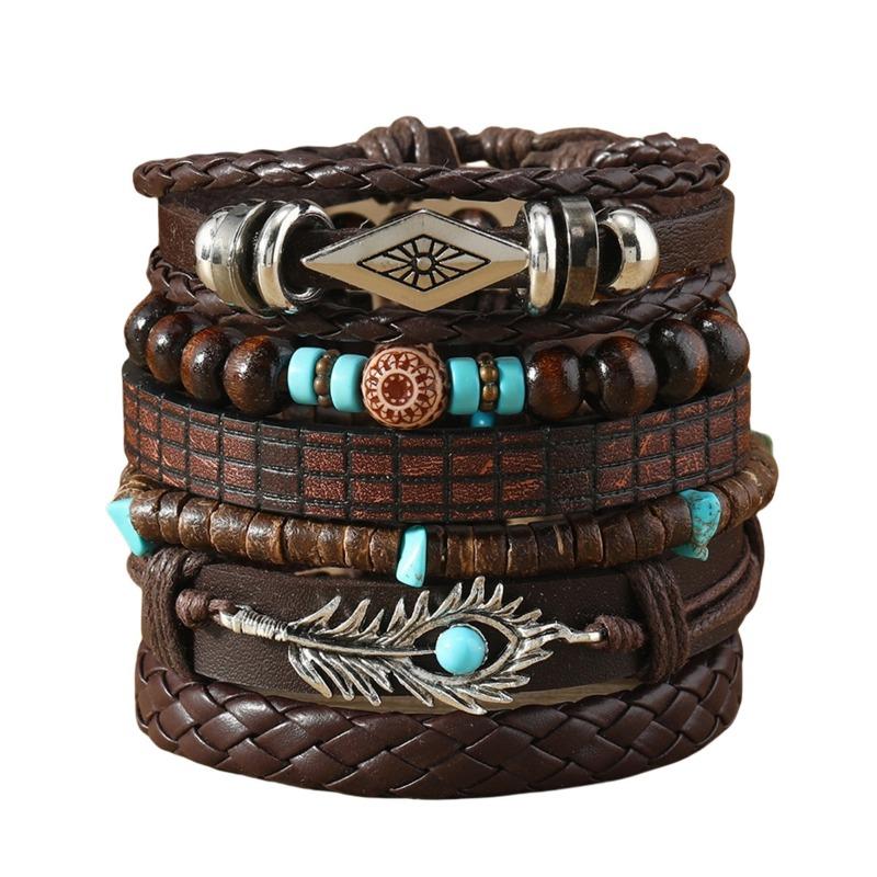Summer New Hot-selling Retro Fashion Wind Wood Beads Beaded Alloy Rhombus Peacock Feather Hand-woven Bracelet