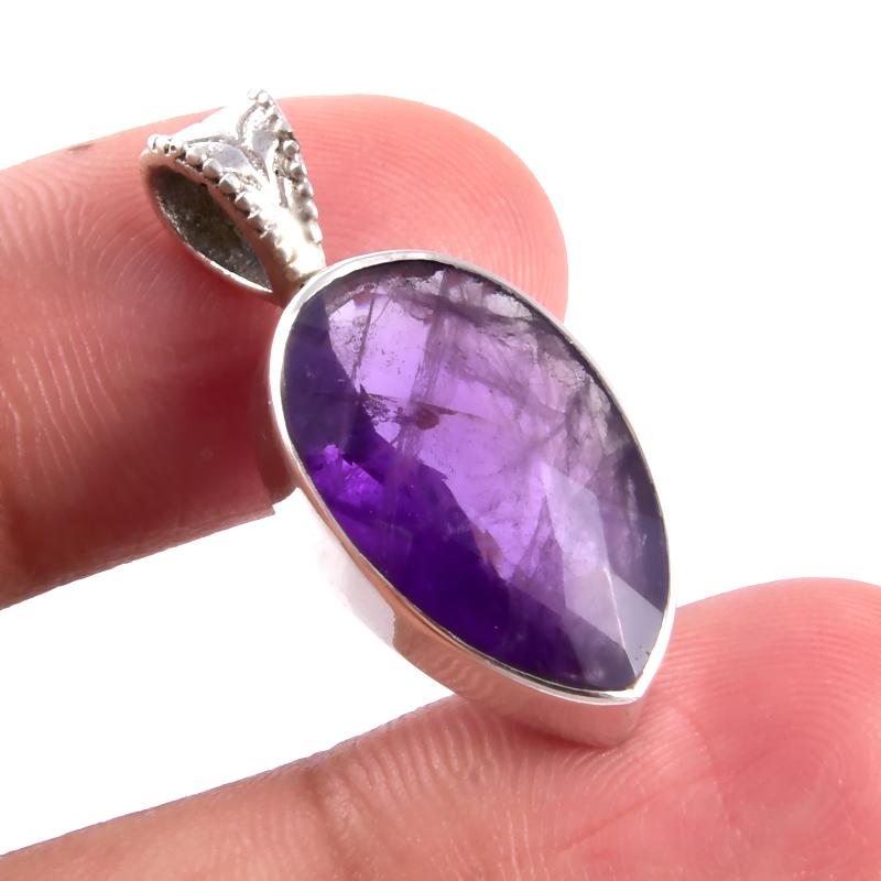 Natural African Amethyst Gemstone 925 Solid Sterling Silver Pendant 1.1'' I6M10